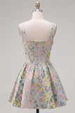 Grey Square Neck A-Line Floral Corset Jacquard Homecoming Dress