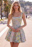 Grey Square Neck A-Line Floral Corset Jacquard Homecoming Dress