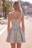 Grey Square Neck A-Line Floral Corset Jacquard Homecoming Dress