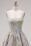 Grey Square Neck A-Line Floral Corset Jacquard Homecoming Dress
