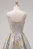 Grey Square Neck A-Line Floral Corset Jacquard Homecoming Dress