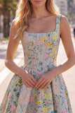 Grey Square Neck A-Line Floral Corset Jacquard Homecoming Dress