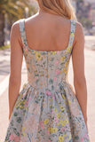 Grey Square Neck A-Line Floral Corset Jacquard Homecoming Dress