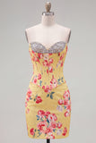 Sweetheart Yellow Corset Beaded Floral Tight Homecoming Dress