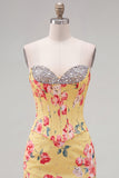 Sweetheart Yellow Corset Beaded Floral Tight Homecoming Dress