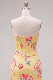 Sweetheart Yellow Corset Beaded Floral Tight Homecoming Dress