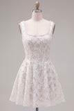 A-Line White Square Neck Pearl Short Homecoming Dress with Lace