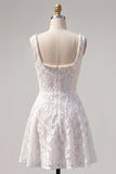 A-Line White Square Neck Pearl Short Homecoming Dress with Lace
