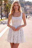 A-Line White Square Neck Pearl Short Homecoming Dress with Lace