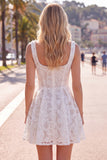 A-Line White Square Neck Pearl Short Homecoming Dress with Lace