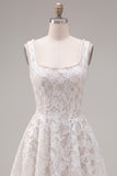 A-Line White Square Neck Pearl Short Homecoming Dress with Lace