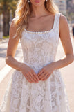 A-Line White Square Neck Pearl Short Homecoming Dress with Lace