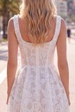 A-Line White Square Neck Pearl Short Homecoming Dress with Lace
