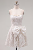 Strapless White A-Line Floral Pearl Lace Short Homecoming Dress with Bow