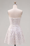 Strapless White A-Line Floral Pearl Lace Short Homecoming Dress with Bow