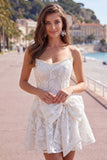 Strapless White A-Line Floral Pearl Lace Short Homecoming Dress with Bow