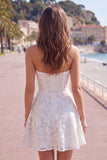 Strapless White A-Line Floral Pearl Lace Short Homecoming Dress with Bow
