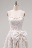 Strapless White A-Line Floral Pearl Lace Short Homecoming Dress with Bow