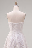 Strapless White A-Line Floral Pearl Lace Short Homecoming Dress with Bow