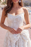 Strapless White A-Line Floral Pearl Lace Short Homecoming Dress with Bow