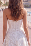 Strapless White A-Line Floral Pearl Lace Short Homecoming Dress with Bow