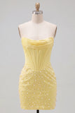 Strapless Yellow Corset Pearl Bodycon Homecoming Dress
