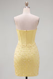 Strapless Yellow Corset Pearl Bodycon Homecoming Dress