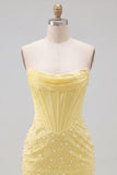 Strapless Yellow Corset Pearl Bodycon Homecoming Dress