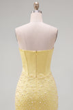 Strapless Yellow Corset Pearl Bodycon Homecoming Dress