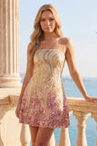 Sparkly A-Line Gold and Pink Strapless Sequins Homecoming Dress