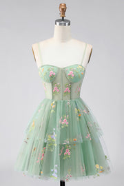 A-Line Dusty Sage Tulle Floral Corset Homecoming Dress with Bow