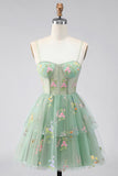 A-Line Dusty Sage Tulle Floral Corset Homecoming Dress with Bow