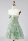 A-Line Dusty Sage Tulle Floral Corset Homecoming Dress with Bow