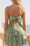A-Line Dusty Sage Tulle Floral Corset Homecoming Dress with Bow