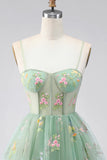 A-Line Dusty Sage Tulle Floral Corset Homecoming Dress with Bow