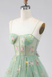 A-Line Dusty Sage Tulle Floral Corset Homecoming Dress with Bow