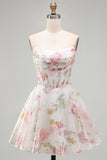 A-Line Strapless Ivory Floral Chiffon Ruched Corset Homecoming Dress