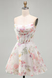 A-Line Strapless Ivory Floral Chiffon Ruched Corset Homecoming Dress