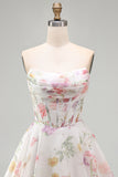A-Line Strapless Ivory Floral Chiffon Ruched Corset Homecoming Dress