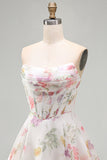 A-Line Strapless Ivory Floral Chiffon Ruched Corset Homecoming Dress