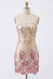 Sparkly Strapless Gold and Pink Bodycon Sequins Homecoming Dress
