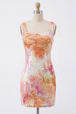 Sparkly Bodycon Orange Square Neck Sequins Homecoming Dress