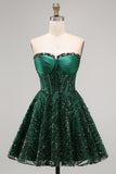 Sparkly A-Line Dark Green Corset Sweetheart Sequins Homecoming Dress