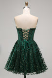 Sparkly A-Line Dark Green Corset Sweetheart Sequins Homecoming Dress