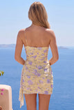 One Shoulder Bodycon Light Yellow Floral Homecoming Dress with Sash