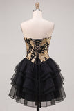 A-Line Gold and Black Sweetheart Floral Tiered Homecoming Dress with Lace Up Back