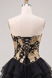 A-Line Gold and Black Sweetheart Floral Tiered Homecoming Dress with Lace Up Back