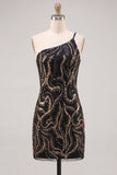 Sparkly One Shoulder Black Sequins Bodycon Homecoming Dress