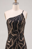 Sparkly One Shoulder Black Sequins Bodycon Homecoming Dress