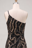 Sparkly One Shoulder Black Sequins Bodycon Homecoming Dress